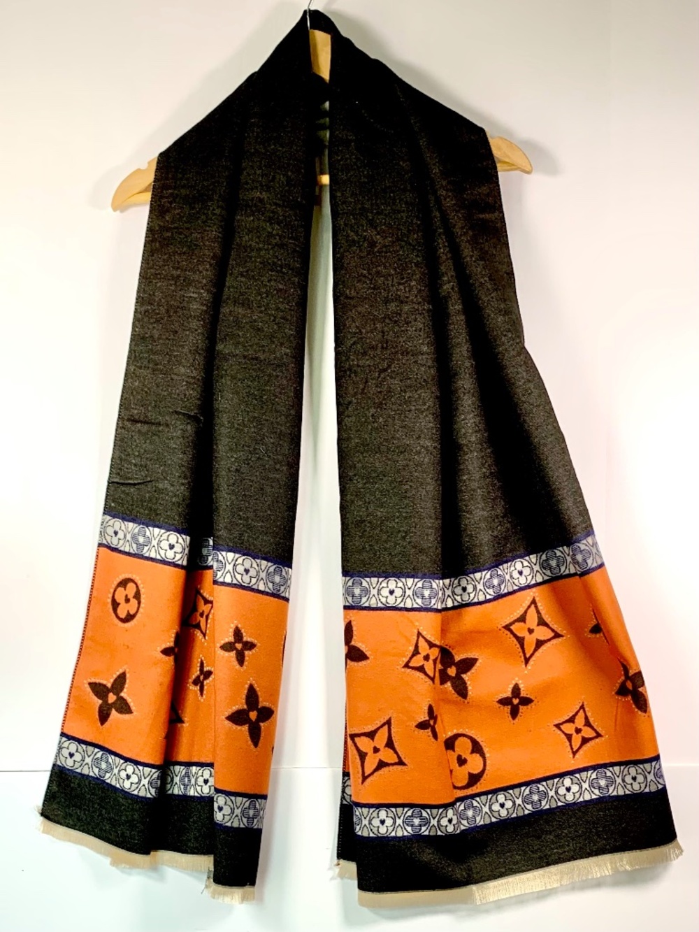 Fashion Scarf Wide Monogram Clover Flower Scarf Orange Black Designer inspired